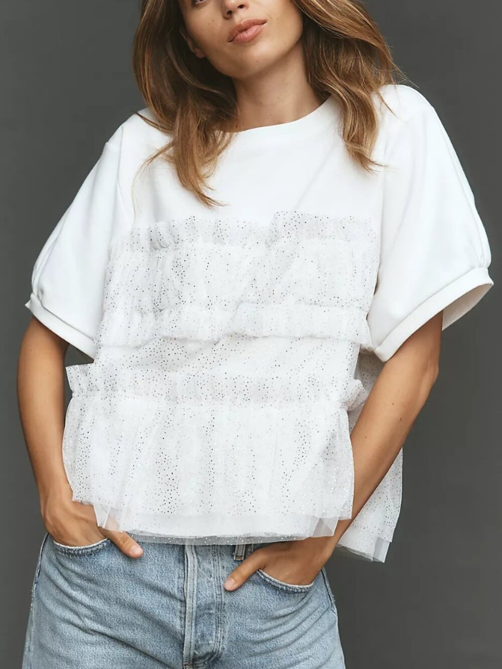 Anthropologie Maeve Short-Sleeve Smocked Ruffled Sweatshirt White M